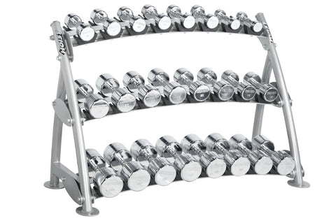 Three-tier chrome dumbbell rack with gray metal frame holding multiple pairs of silver dumbbells with white label plates