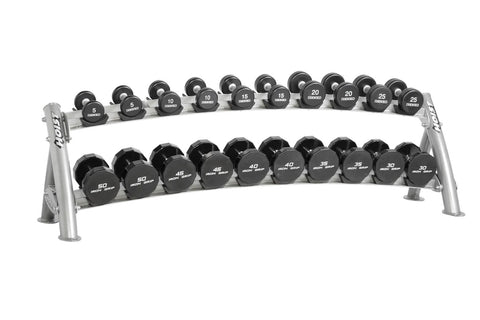 Two-tier horizontal dumbbell rack with silver aluminum frame, black rubber saddle holders, and sturdy support legs on white b