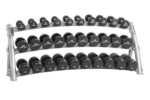 Three-tier horizontal dumbbell rack with silver metal frame and black saddle holders, holds up to 15 pairs of dumbbells, on w