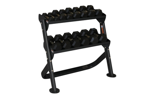 Black 2-tier horizontal dumbbell rack with angled legs, rubber feet, and metal supports on white background