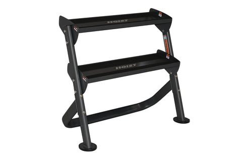 Black 2-tier horizontal dumbbell rack with angled legs, rubber feet, and metal supports on white background