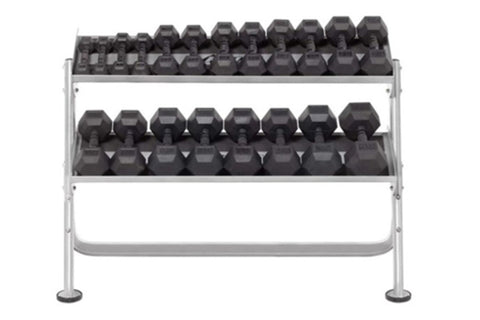 Black 2-tier dumbbell rack with curved legs and rubber feet, holds up to 12+ pairs, on white background