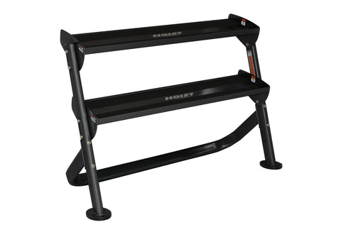Black 2-tier dumbbell rack with curved legs and rubber feet, holds up to 12+ pairs, on white background