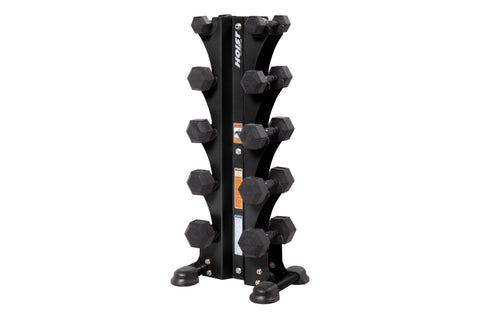 Black vertical dumbbell tower rack with five tiered curved shelves and rubber base feet, on white background