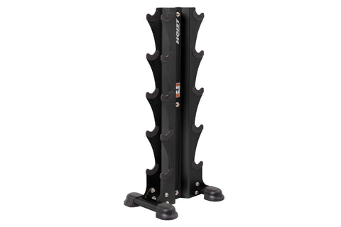 Black vertical dumbbell tower rack with five tiered curved shelves and rubber base feet, on white background
