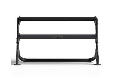 Black 3-tier dumbbell rack with angled legs and horizontal bars, branded Hoist, on white background