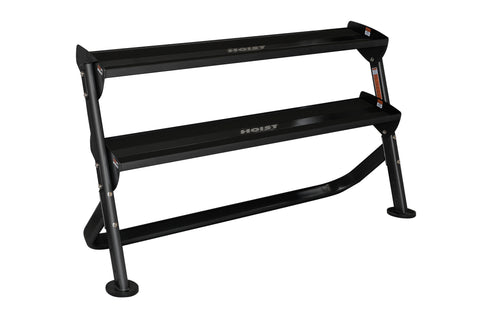 Black 3-tier dumbbell rack with angled legs and horizontal bars, branded Hoist, on white background