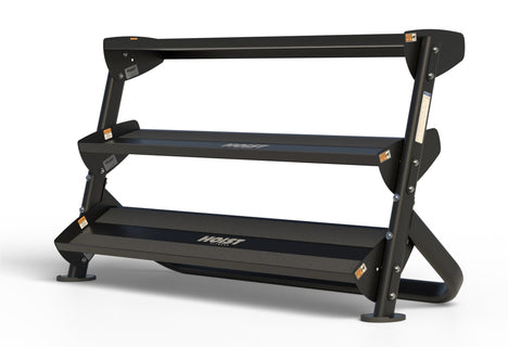 Black three-tier dumbbell rack with angled uprights and blue-trimmed shelves, designed for 60-pound dumbbells, shown on white