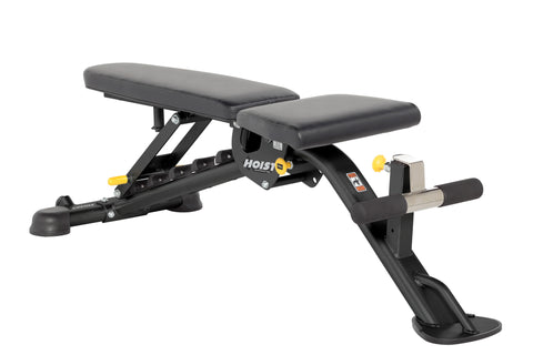 Hoist 7-Position FID Bench with black padded seat and backrest, adjustable frame with yellow accents on white background
