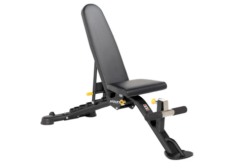 Hoist 7-Position FID Bench with black padded seat and backrest, adjustable frame with yellow accents on white background