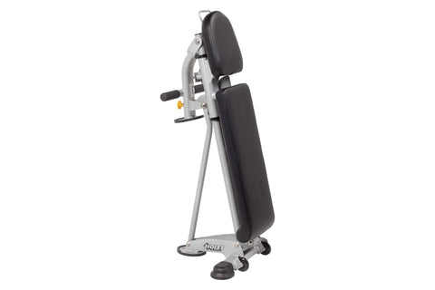 Hoist 7-position folding fid bench with gray frame, black padded backrest and seat, adjustable arms, yellow handle, on white 