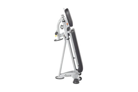 Hoist 7-position folding fid bench with gray frame, black padded backrest and seat, adjustable arms, yellow handle, on white 