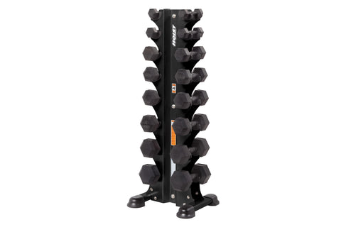 Black vertical dumbbell rack with eight curved storage arms on central column, Hoist branding, stable base with rubber feet, 