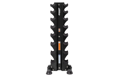 Black vertical dumbbell rack with eight curved storage arms on central column, Hoist branding, stable base with rubber feet, 