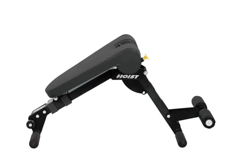Black and gray Hoist ab/back hyper bench with padded seat, adjustable backrest, and foot platform on white background