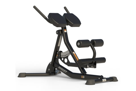 Black Hoist ab and back Roman hyperextension bench with padded backrest, leg press attachment, and stable base on white backg