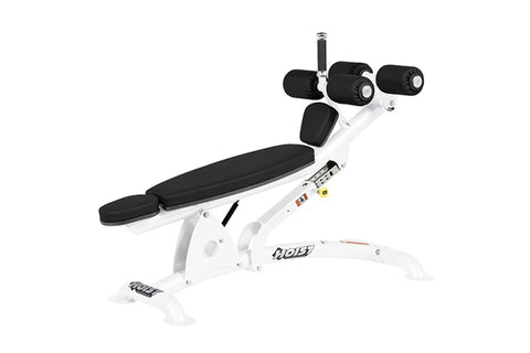 Hoist adjustable decline ab bench with silver metal frame, black padded seat and backrest, adjustable leg extension with blac