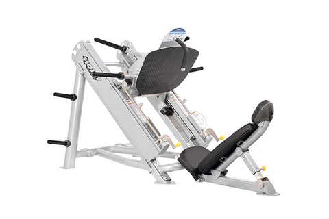 Hoist Angled Linear Leg Press with white frame, black padded seat and backrest, shown on white background