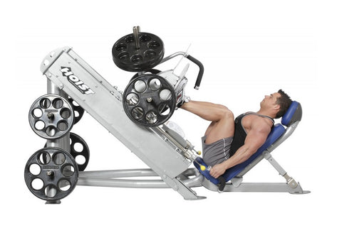 Hoist Angled Linear Leg Press with white frame, black padded seat and backrest, shown on white background