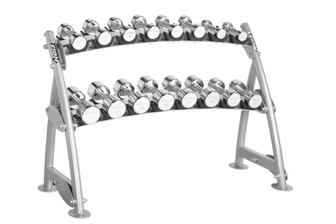 Two-tier silver dumbbell rack with chrome and black accents holding multiple pairs of weights on white background