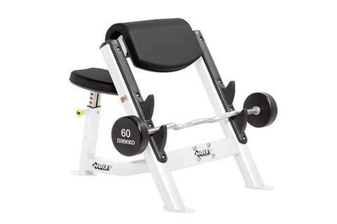 Hoist Preacher Curl weight machine with silver frame, black padded seat and backrest, and 60 pound Ivanko dumbbell, on white 