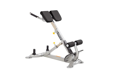 Hoist CF-3663 back hyperextension machine with silver frame, black padded seat and backrest, on white background