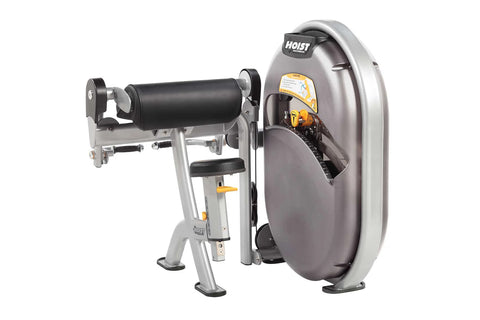 Hoist Biceps Curl machine with gray frame, dark gray padded seat and backrest, black handles with yellow accents, on white ba