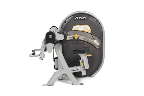 Hoist Biceps Curl machine with gray frame, dark gray padded seat and backrest, black handles with yellow accents, on white ba