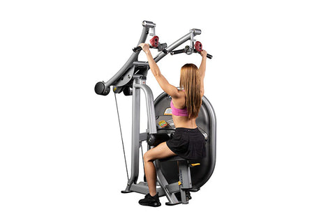 Hoist Lat Pulldown machine with silver frame, black seat, red hand grips, and yellow accents on white background