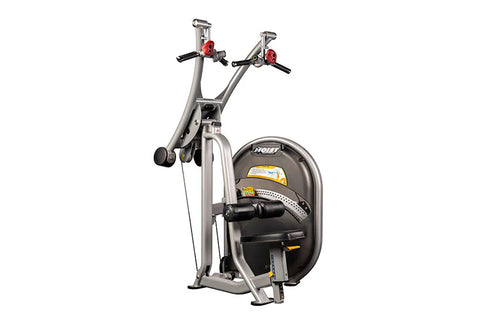 Hoist Lat Pulldown machine with silver frame, black seat, red hand grips, and yellow accents on white background