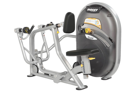 Hoist mid row machine with silver frame, black padded seat and backrest, dual handles with yellow accents on white background