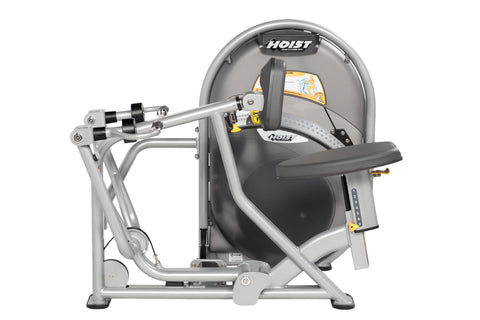 Hoist mid row machine with silver frame, black padded seat and backrest, dual handles with yellow accents on white background