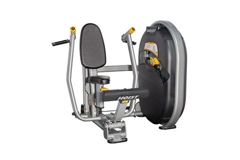 Hoist Chest Press CL-3301 machine with gray metal frame, black padded seat, and yellow accents, on white background