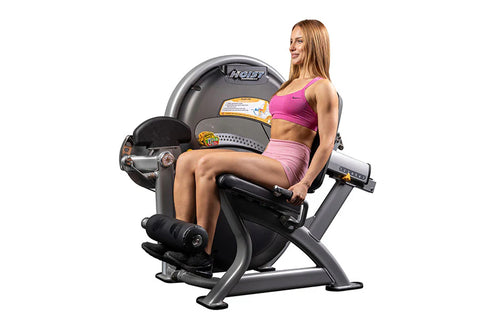 Hoist Club Line leg extension machine with gray padded seat, black footplate, and yellow accents, front view on white backgro