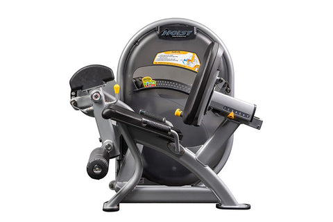 Hoist Club Line leg extension machine with gray padded seat, black footplate, and yellow accents, front view on white backgro