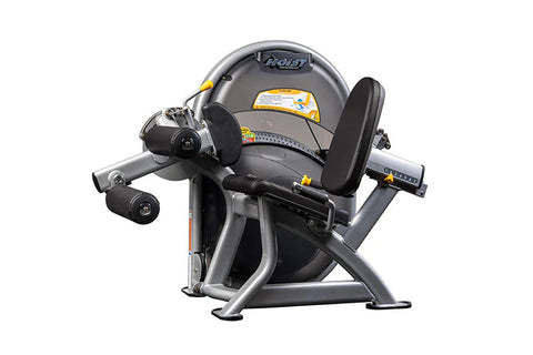 Hoist Club Line Leg Curl machine with gray metal frame, black padded seat, and leg extension attachments on white background