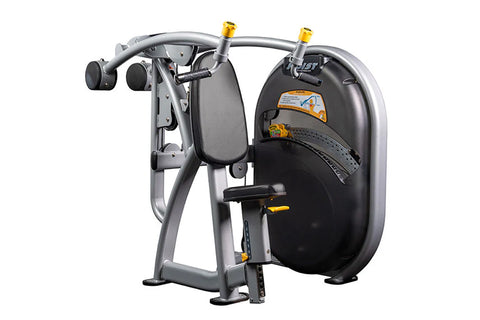 Hoist Club Line Shoulder Press machine with silver frame, black padded seat and back, yellow handles, on white background