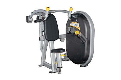Hoist Club Line Shoulder Press machine with silver frame, black padded seat and back, yellow handles, on white background