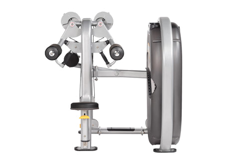 Hoist Lateral Raise CL-3502 commercial gym machine with gray frame, black seat, and overhead arm lever on white background