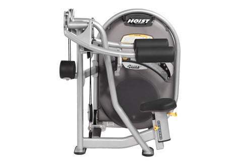 Hoist Lateral Raise CL-3502 commercial gym machine with gray frame, black seat, and overhead arm lever on white background