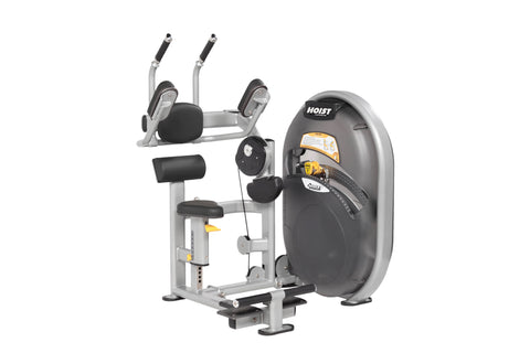 Hoist Club Line abdominal machine with gray metal frame, black padded seat and back support, dual handles, weight stack, and 