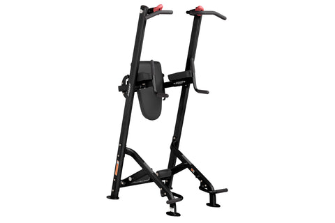 Black vertical leg raise machine with red handles and foot platform, on white background