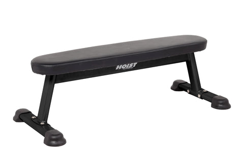 Black flat utility bench with padded grey vinyl seat, black metal frame, and suction cup feet on white background