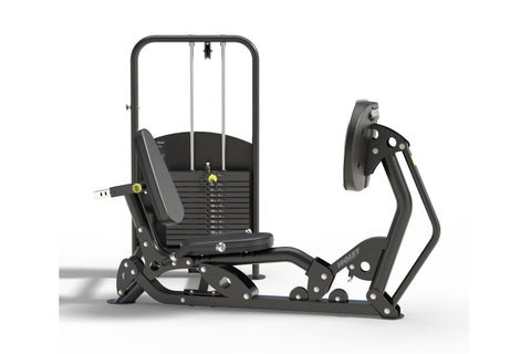 Black and gray Hoist Freestanding Ride Leg Press machine with weight stack, padded seat, backrest, and footplate on white bac
