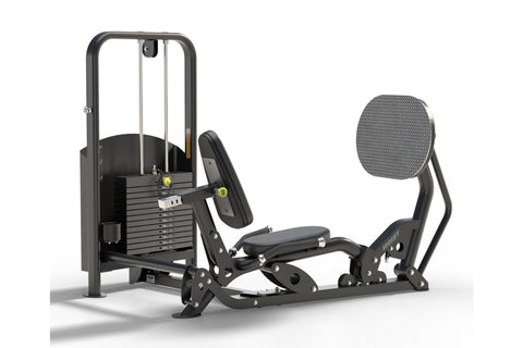 Black and gray Hoist Freestanding Ride Leg Press machine with weight stack, padded seat, backrest, and footplate on white bac