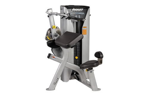 Hoist Preacher Curl/Triceps Extension machine with silver frame, black padded seat and arm rest, dual weight stacks on white 