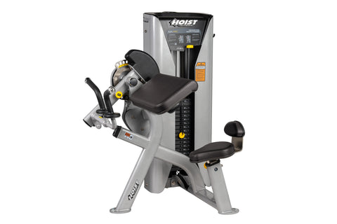 Hoist Preacher Curl/Triceps Extension machine with silver frame, black padded seat and arm rest, dual weight stacks on white 
