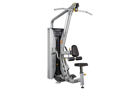 Hoist Lat Pulldown/Mid Row HD-3200 commercial gym machine with silver frame, black seat, and yellow accents on white backgrou