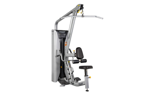 Hoist Lat Pulldown/Mid Row HD-3200 commercial gym machine with silver frame, black seat, and yellow accents on white backgrou