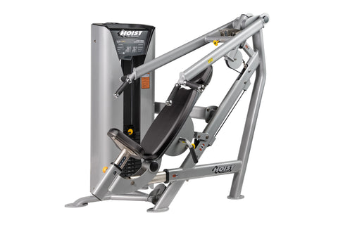 Hoist Chest/Shoulder Press Machine with silver frame, black seat and backrest, dual-axis lever arms with yellow accents on wh